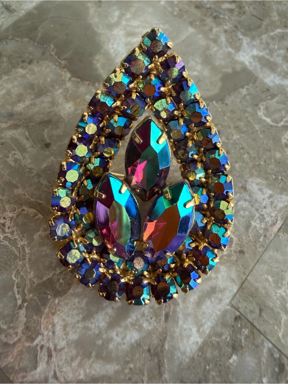 Vintage Gold-Tone Multicolor Teardrop Aurora Brooch